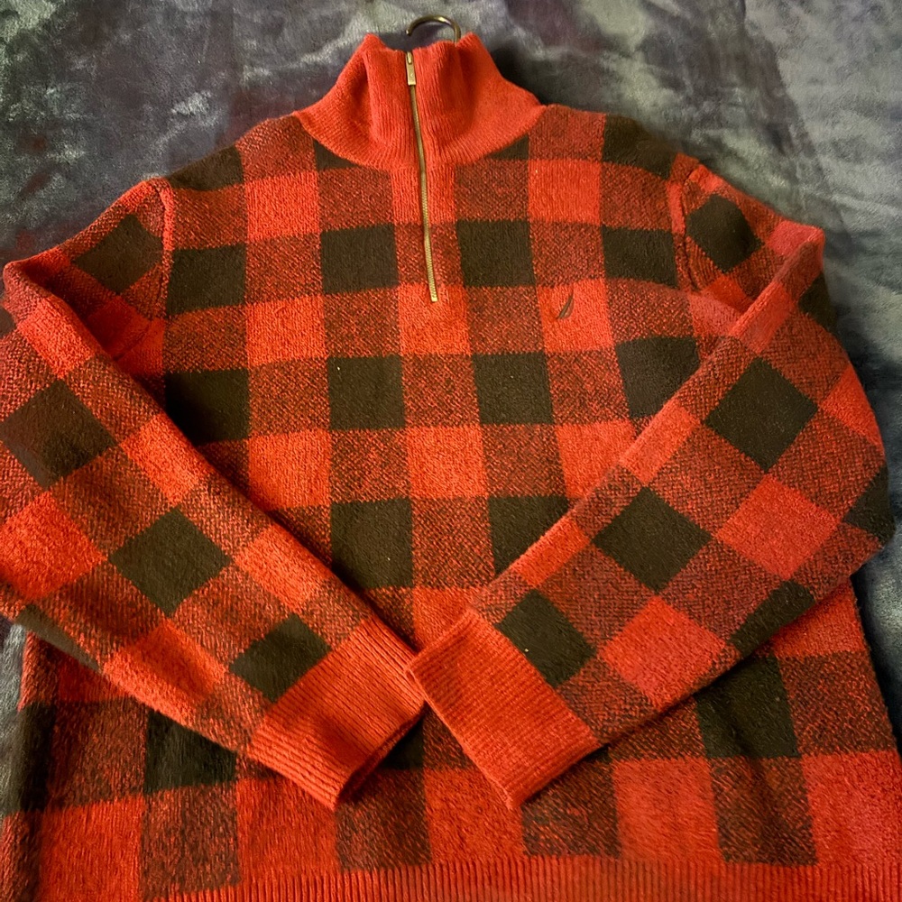 Nautica Red and Black Plaid Men's Sweater